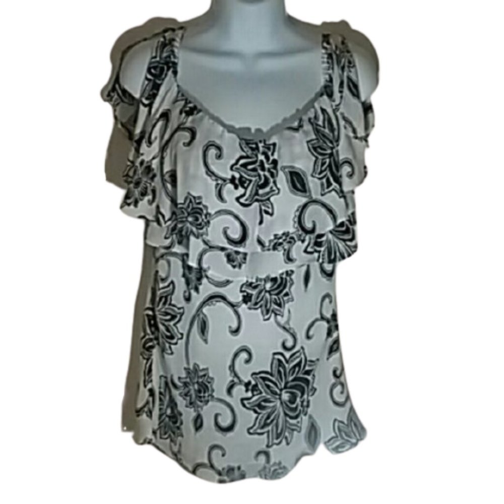 {WHBM} Black & White Silk Floral Ruffled Blouse